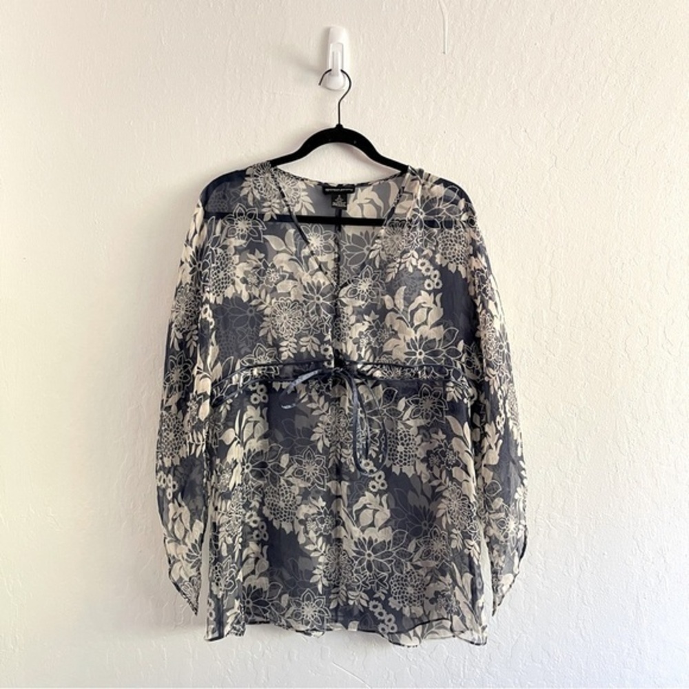 Y2K Spencer Jeremy Silk Kimono Baby Doll Sheer Top Navy Floral Womens Medium